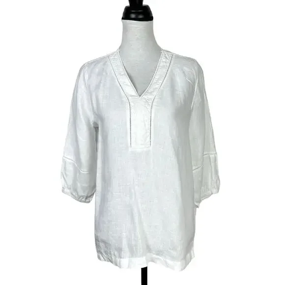 Joie | White 100% Linen Eyelet Detail V-neck 3/4 Sleeve Casual Tunic Top - Picture 2 of 12